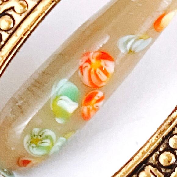 Vintage Mid Century Clip On Earrings Millefiori Art Glass Filigree Gold Tone - Picture 4 of 9